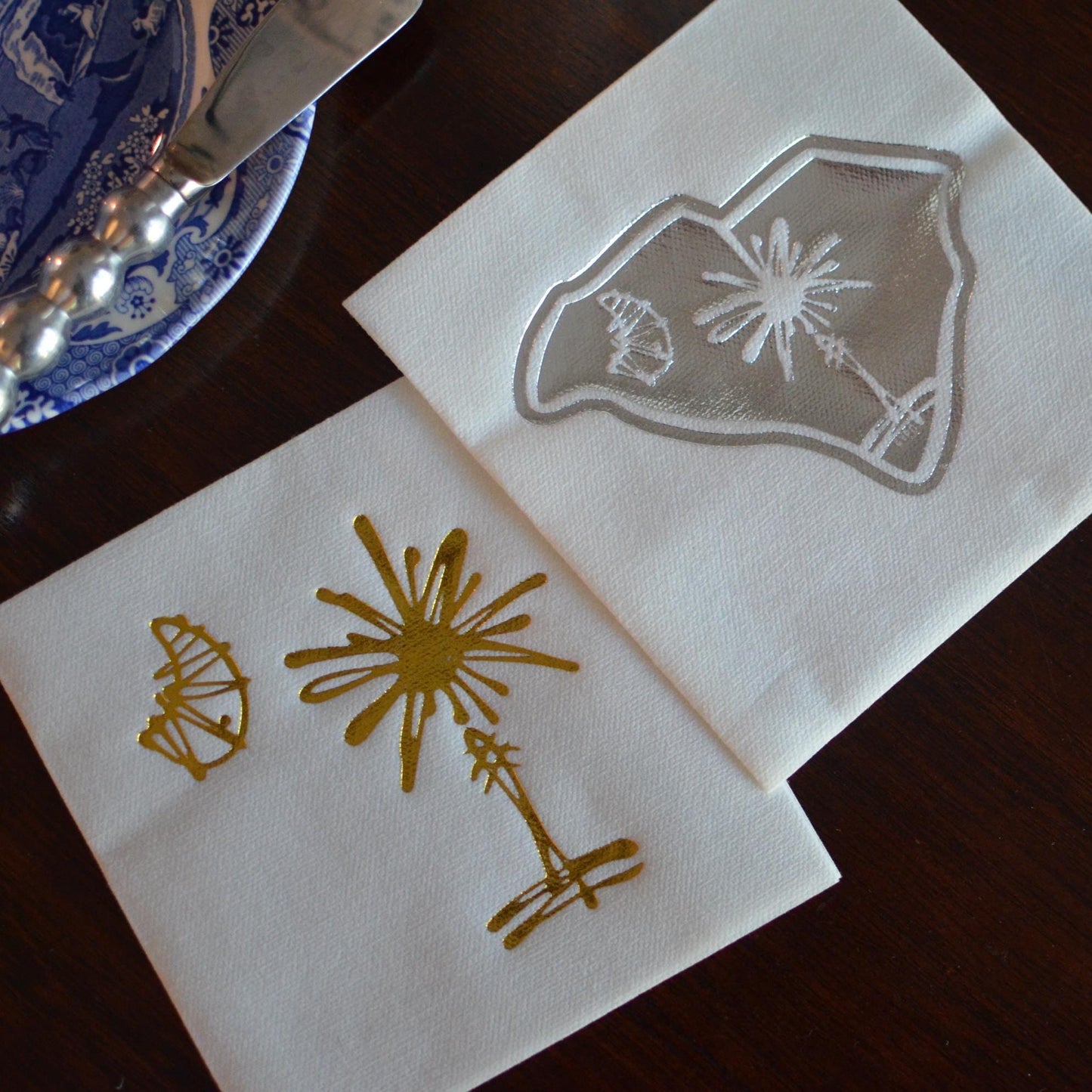 Gold Embossed South Carolina Palmetto Tree Party Napkins - Set of 10, 4.75"x4.75" | Wedding Cocktail Gift