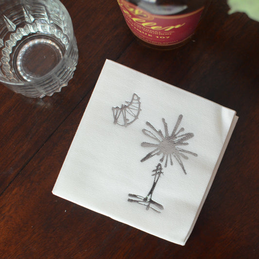 Silver Embossed South Carolina Palmetto Tree Party Napkins - Set of 10, 4.75"x4.75"